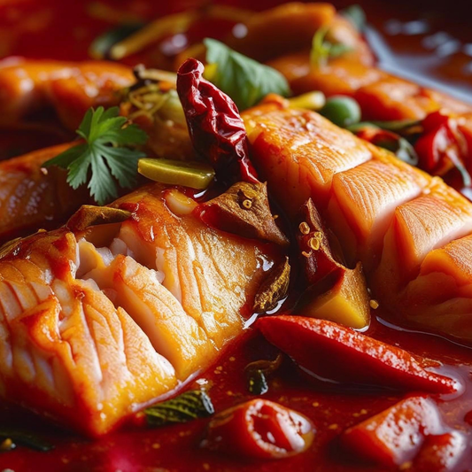 A vibrant photograph of a red fish curry, rich in color and texture.  The curry is a deep crimson, glistening with oil, and features visible, flaky slices of fish nestled amongst aromatic spices and vegetables. The scene is lit with warm, natural light, highlighting the texture and detail of the dish.